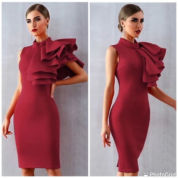 Slim Fit Formal Sleeveless Ruffle Cocktail Dress Mid-Length Pencil Dress… - Picture 1 of 15